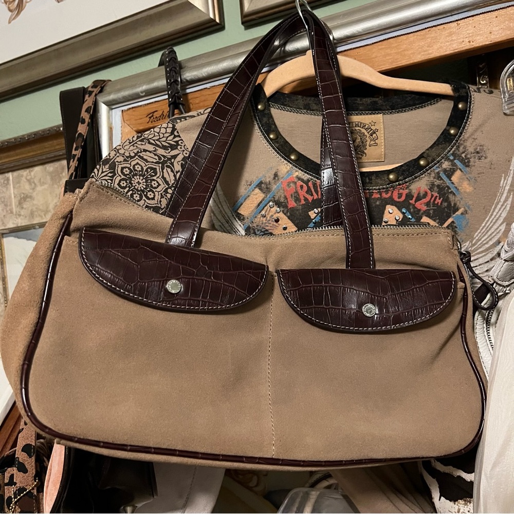 Suede w/leather horizontal rectangular shoulder bag design by Equipage Paris